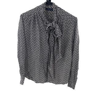 French Connection Women 6 Tie Neck Blouse Black White Abstract Print Long Sleeve